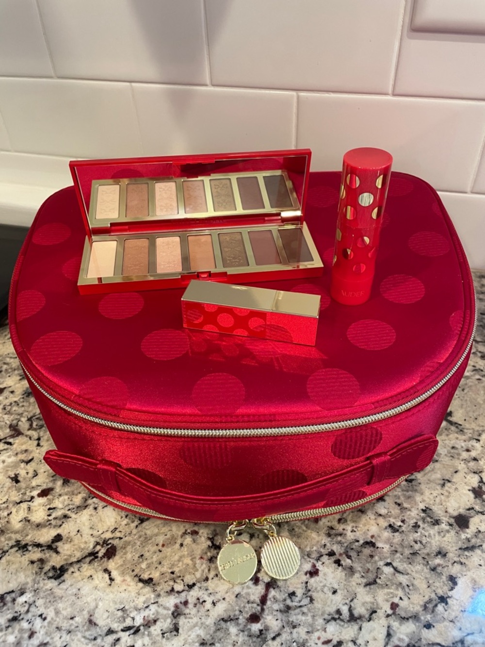 3 ITEMS - Estee Lauder Eyeshadow Palette, Lipstick, blush & case.
